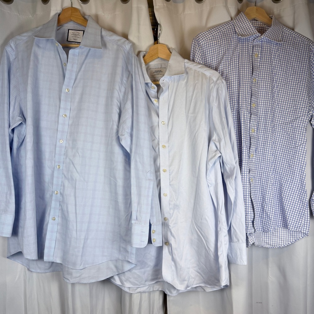 Lot of 3 Charles Tyrwhitt Mens Dress Shirts Blue Plaid Check Stripe 16 16.5